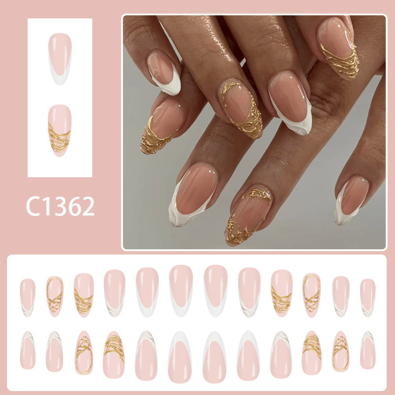 48Pcs-Medium Almond Nude White Wavy French Gold Foil Elegant Press on Nails
