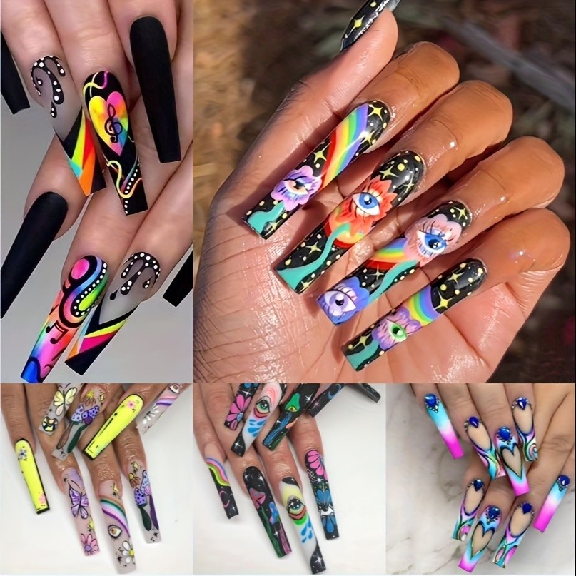 120pcs Bold Colorful Cartoon Press On Nails Eye Rainbow Long Coffin Fake Nails