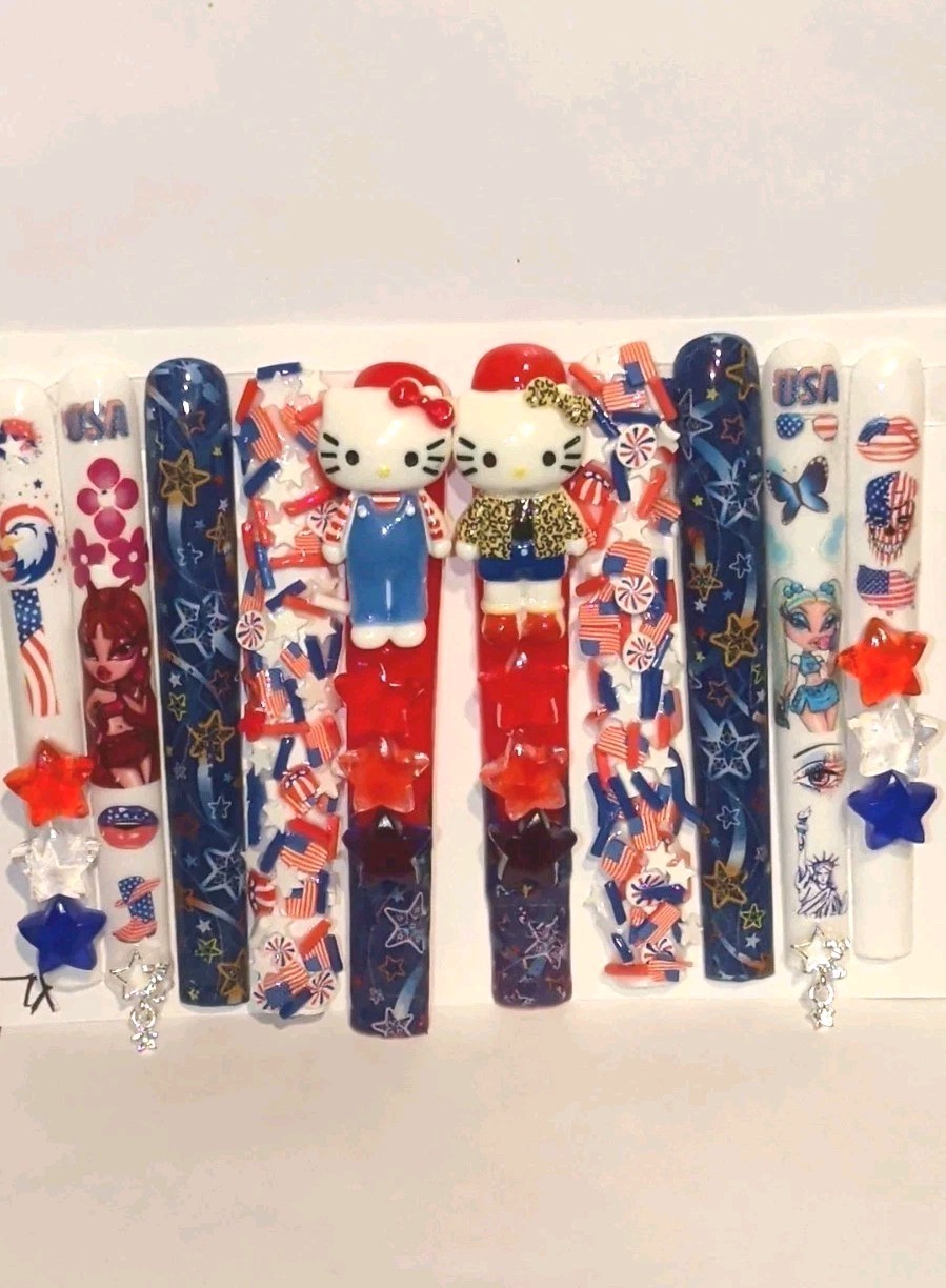 Hand Crafted Patriotic 6Xl Press-On Nails Set — Red,White & Blue Stars SZ XL