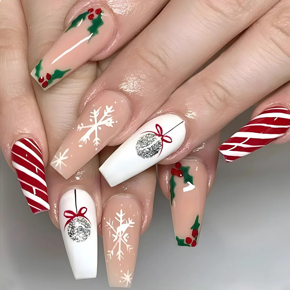 2026 Christmas Red Snow Deer Long Press On Nails