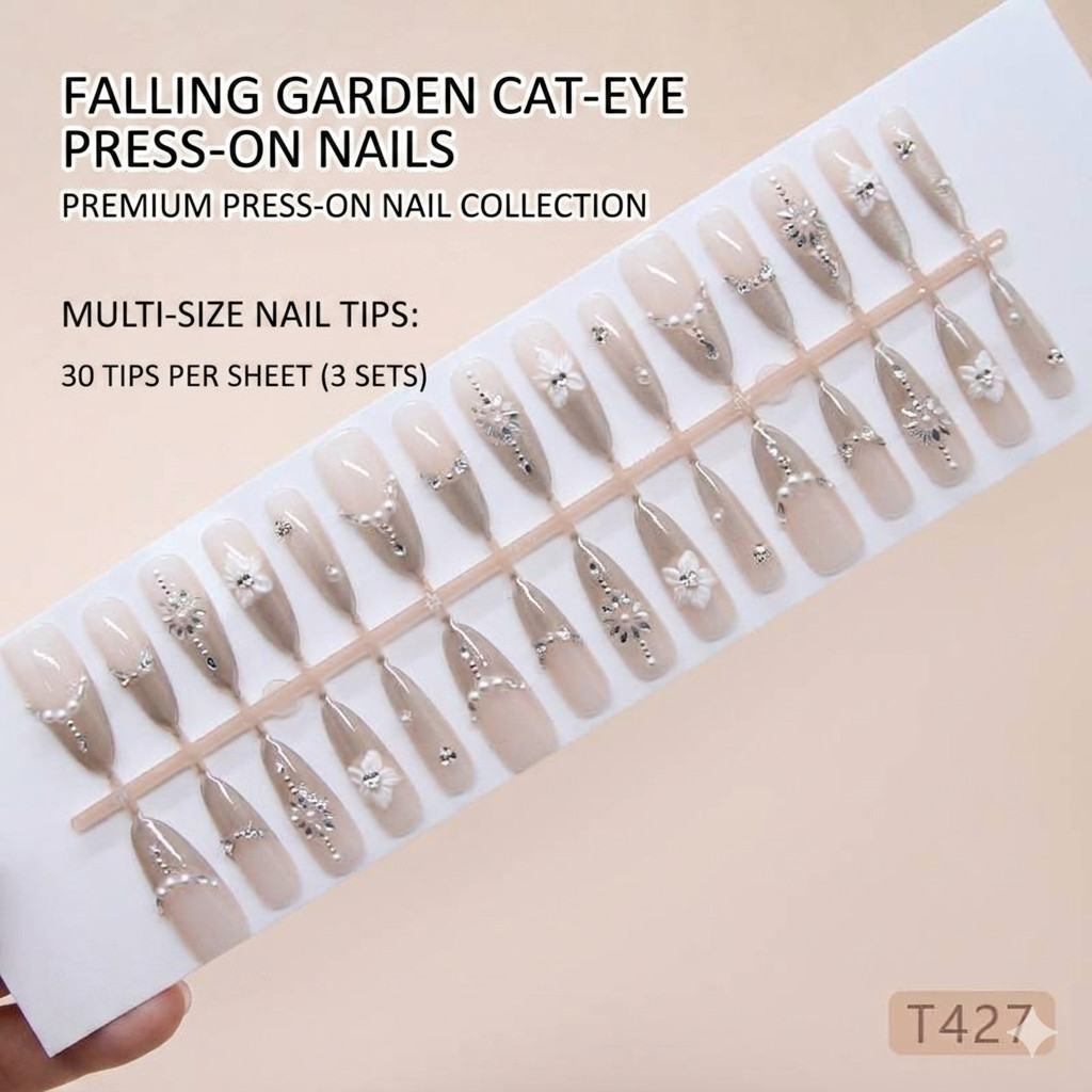 30pcs Cat Eye Press On Nails Long Almond False Nails 3D Crystal Flower
