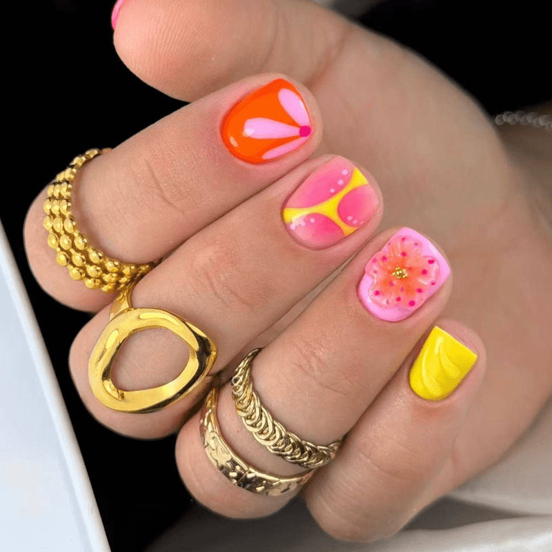 48P Short Square Press on Nails, Orange Pink 3D Floral Y2K Glossy Fake Nails