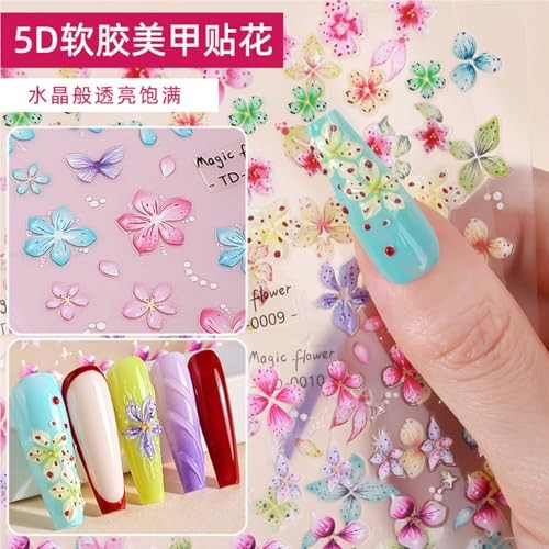 Flowers Nail Art Sticker- 5D Embossed Lily Flower Nail Decals Colorful Flower
