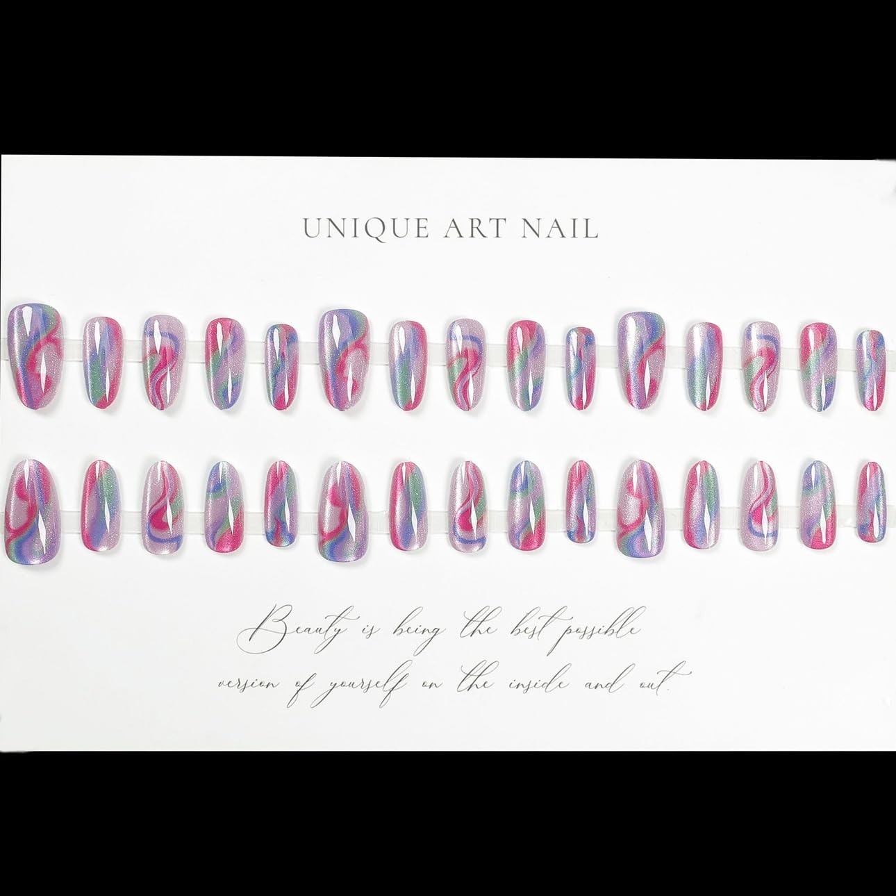 Colorful Press on Nails Almond – Medium Cat Eye Fake Nails with Stripe Design…