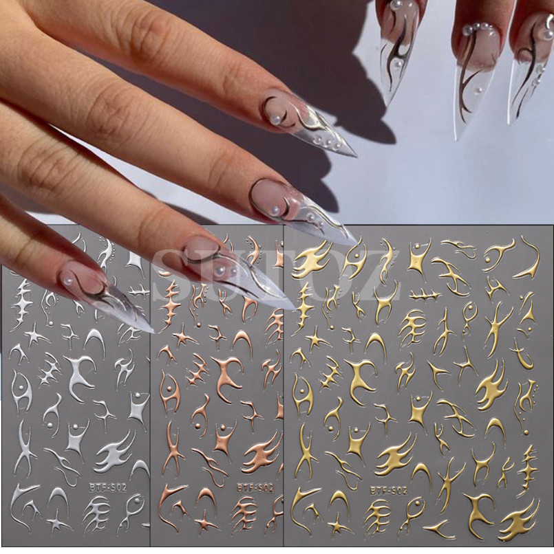 3D French Line Fire Flame Nail Stickers Silver Gold Decal DIY Decoration NH18
