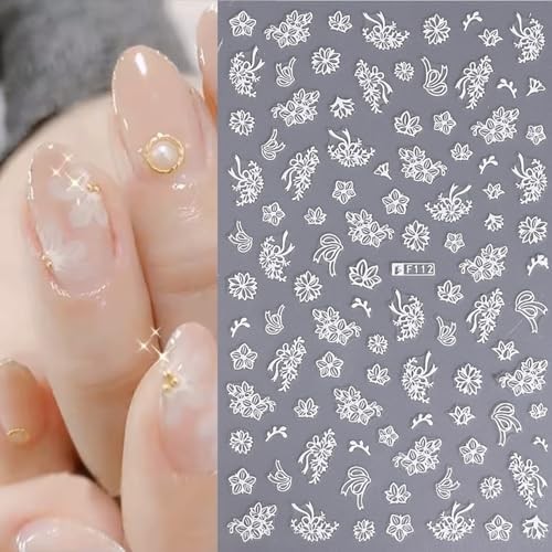 4 Sheets 3D White Flowers Nail Stickers, Self – Adhesive Cherry Blossom Style 7