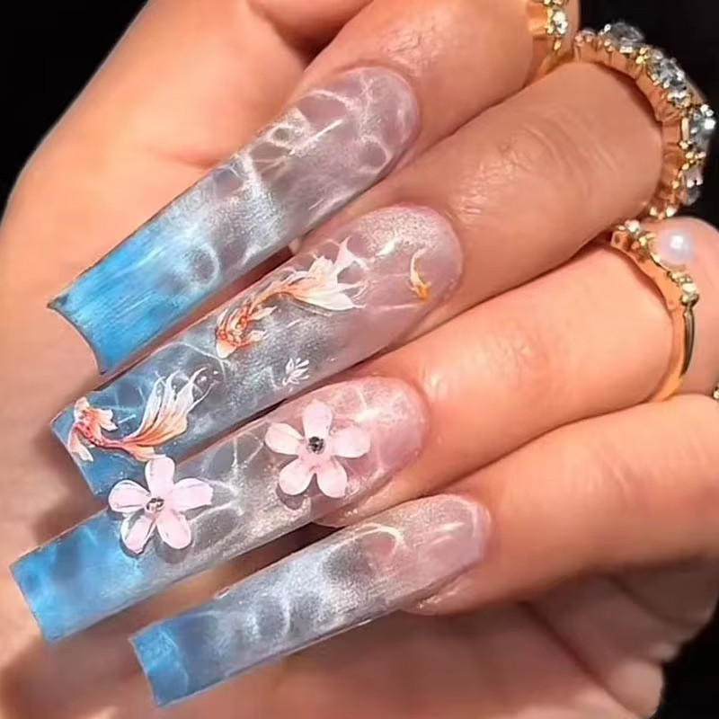 24Pcs Long French Fake Nails with Glue Ballet False Nails Butterfly Rhinestone D