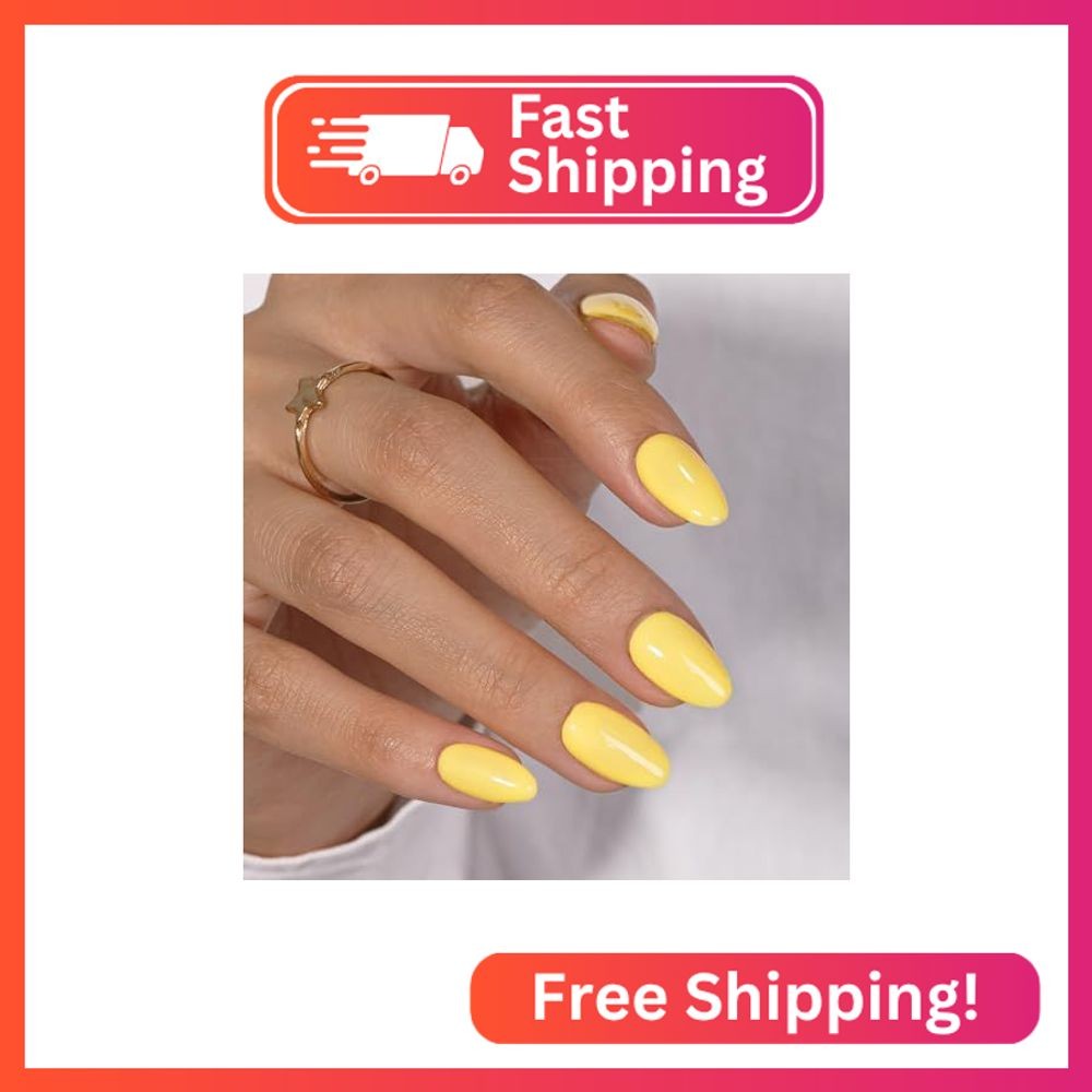 KQueenest Bright Yellow Press On Nails Short Oval – Acrylic Press On Nails with