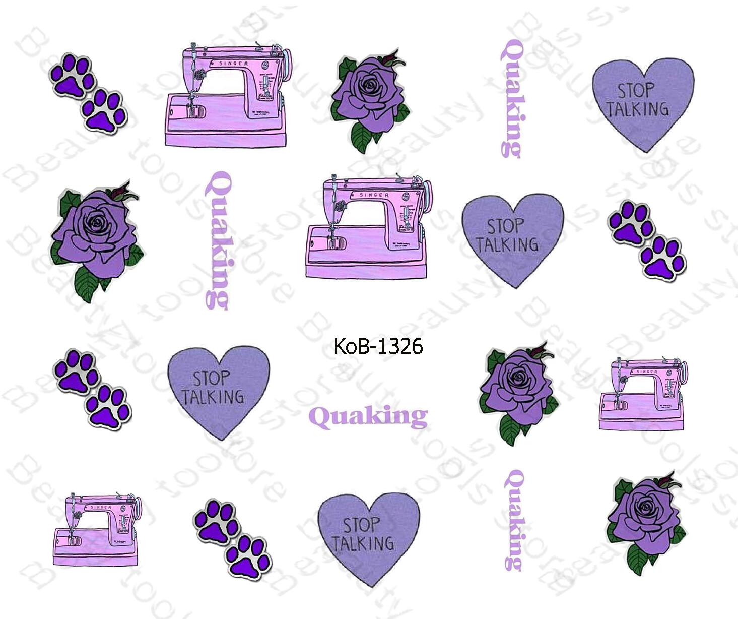 Nail Art Water Transfer Stickers quaking heart paws rose sewing machine KoB-1326