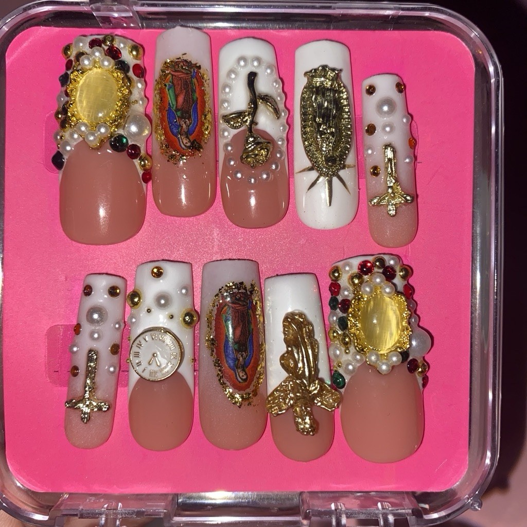 3D Religious Press-On Nails Full Cover Pre-Designed Long Square Beige White