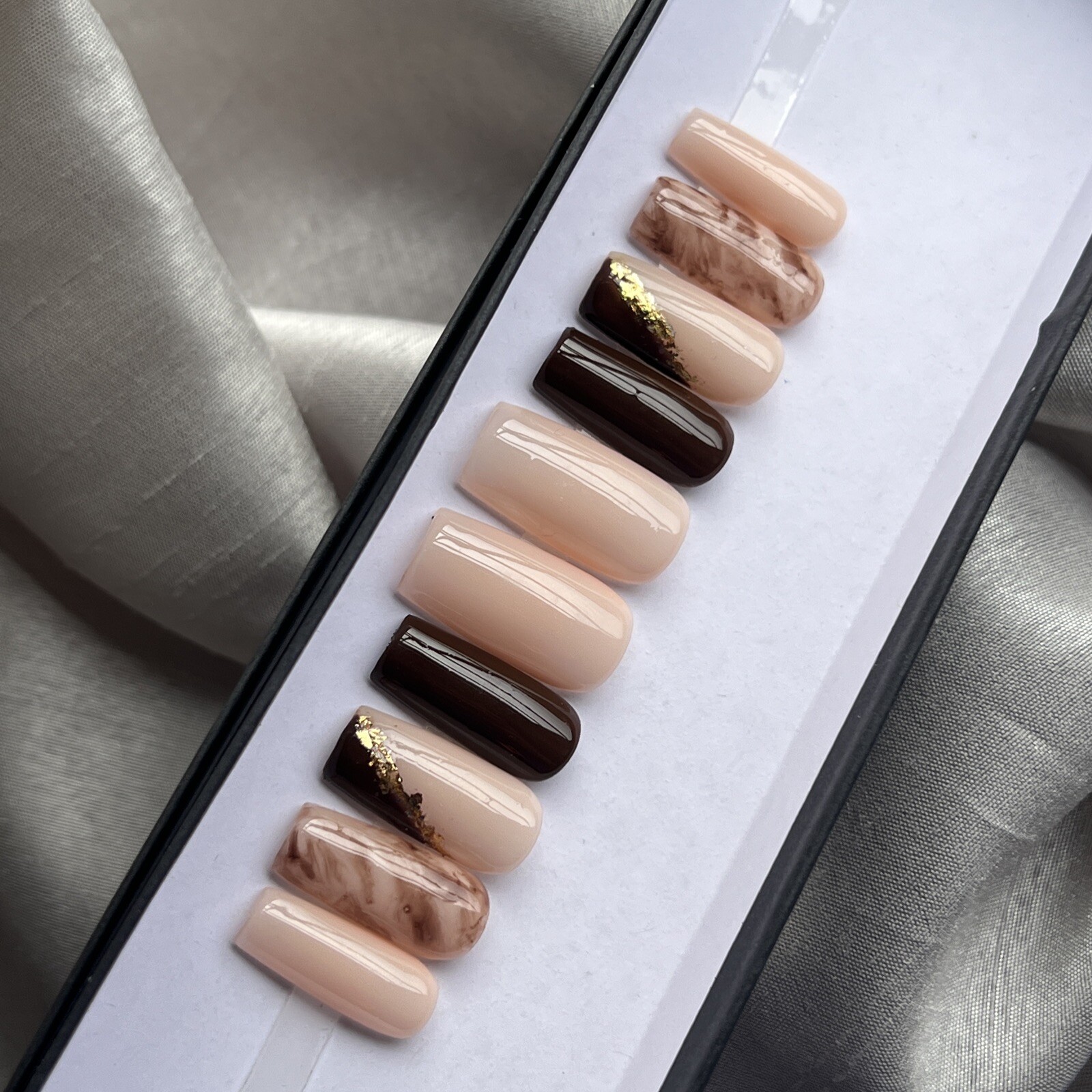 🔥CUSTOM Gel Press On False Nails, NUDE BROWN GOLD, Med square , 10p w/ FULL KIT