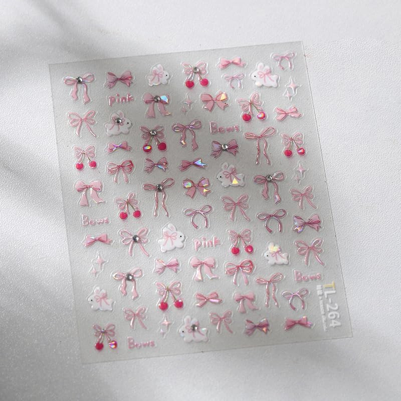 1 Sheet Bow Nail Art Stickers 5D Self-Adhesive Glitter Pink Bows Nail Art Design