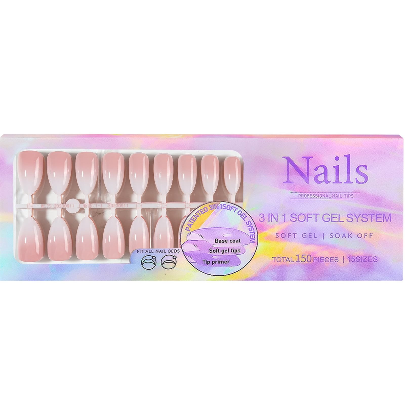 150Pcs Nude White Ombre Press on Nails Medium Almond Fake 0812, 0812-032