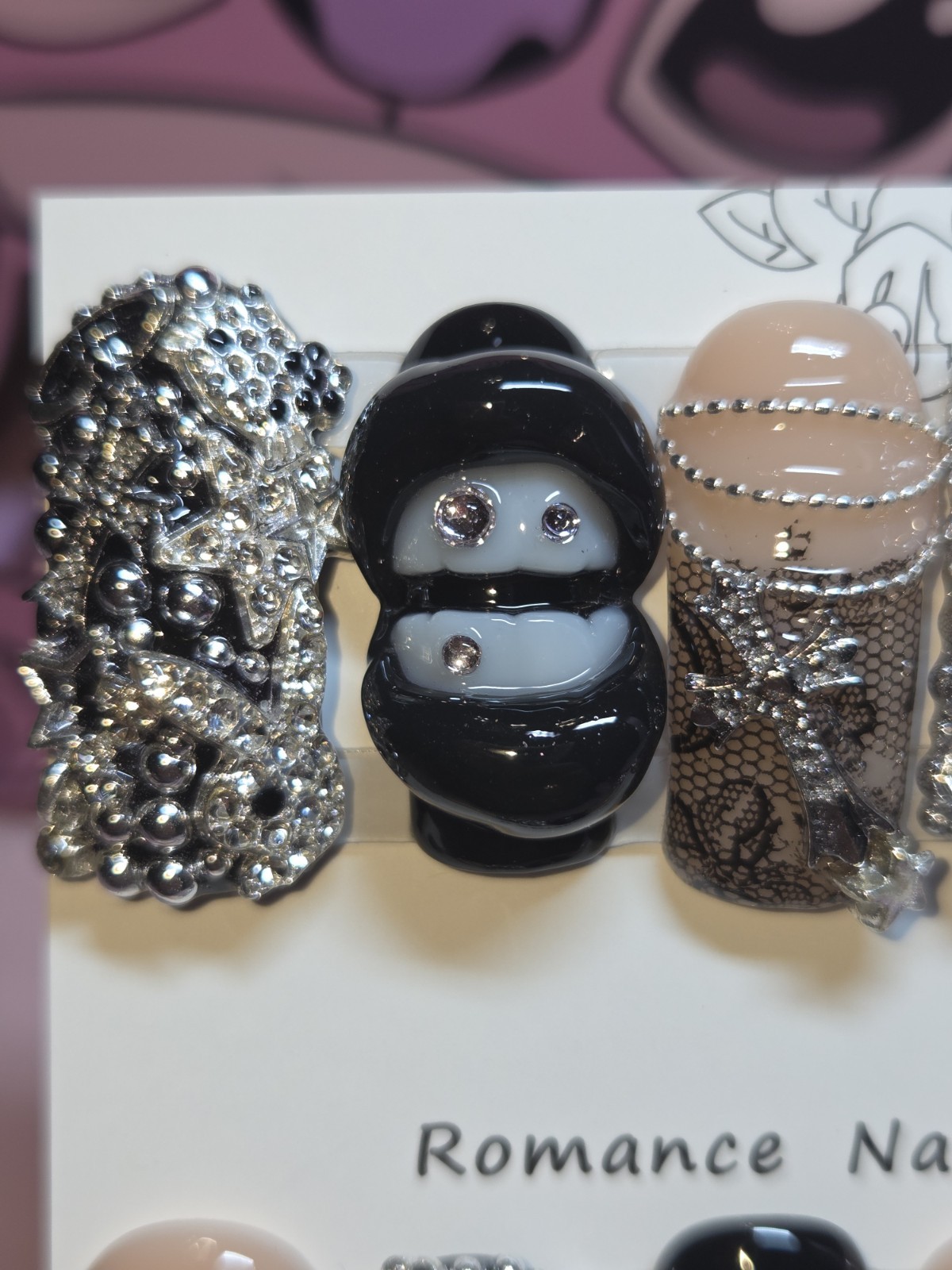 Press On Nails Handmade Medium Curvenail, black lace lips teeth cross necklace.