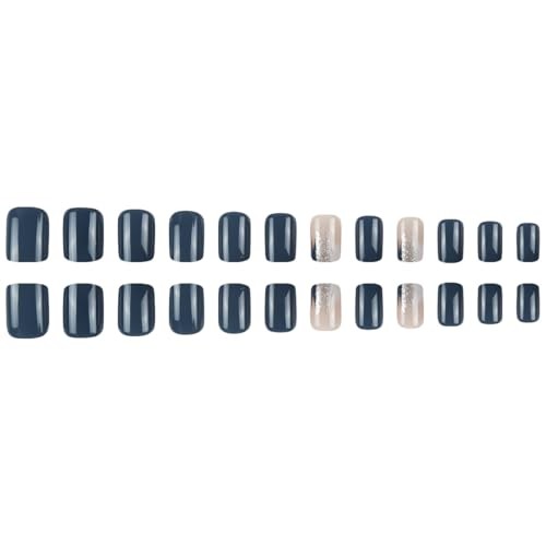 24Pcs Dark Black Blue Press on Nails Short Square Fake Nails Grayish Blue