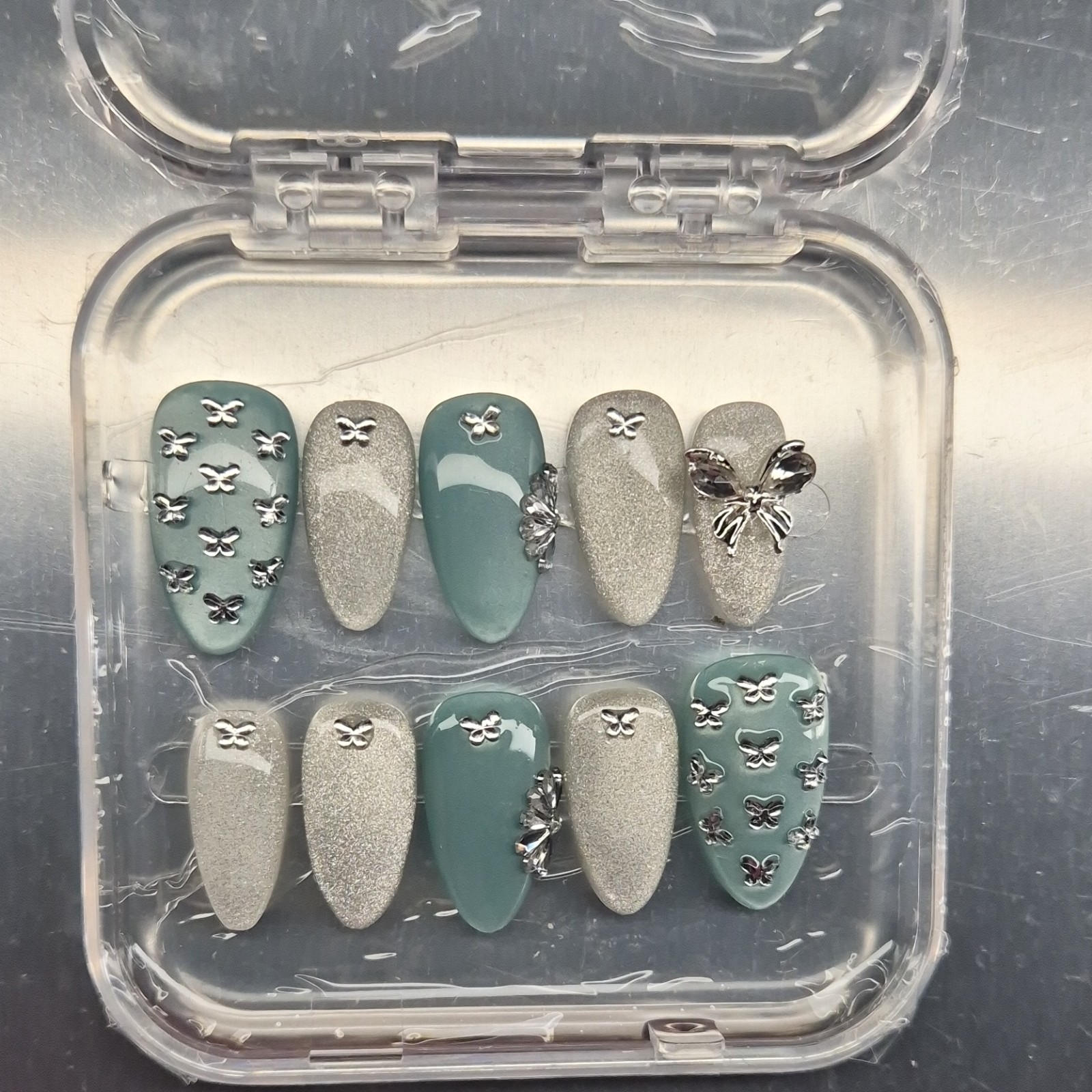 Silver Teal Butterfly 3D Almond Press-On Nails Set Pre-Designed Full Cover