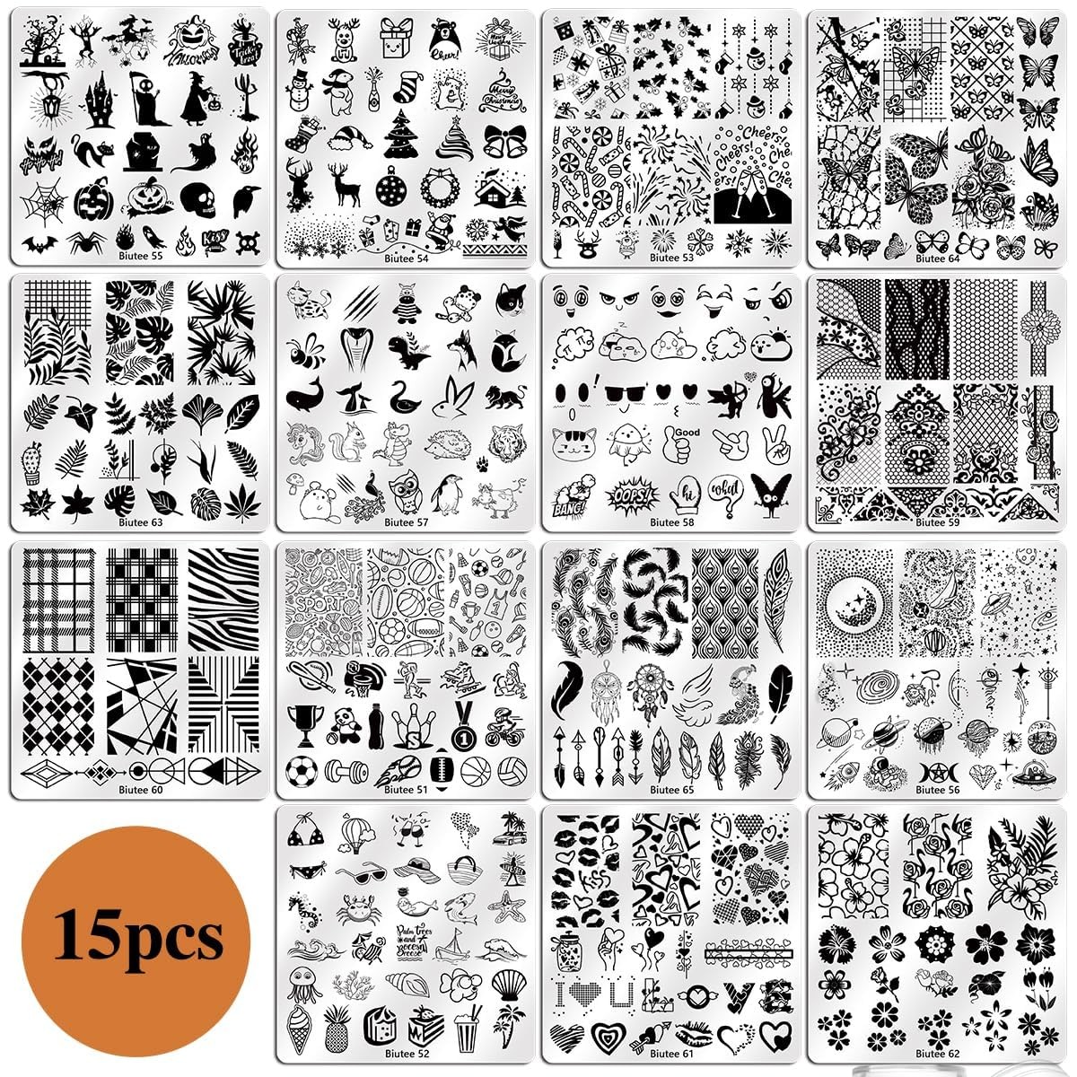 15PCS Nail Art Stamping Plate 8 Nail Stamping Gel Polish Nail Stamping Kit Nail
