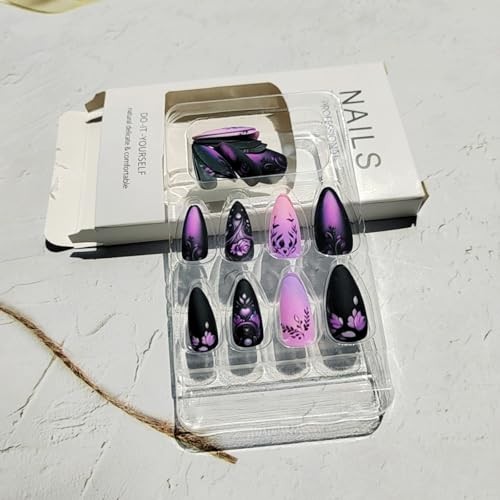 24Pcs Purple Ombre Press on Nails Short Almond Nail Tips,Black Fake Design D7