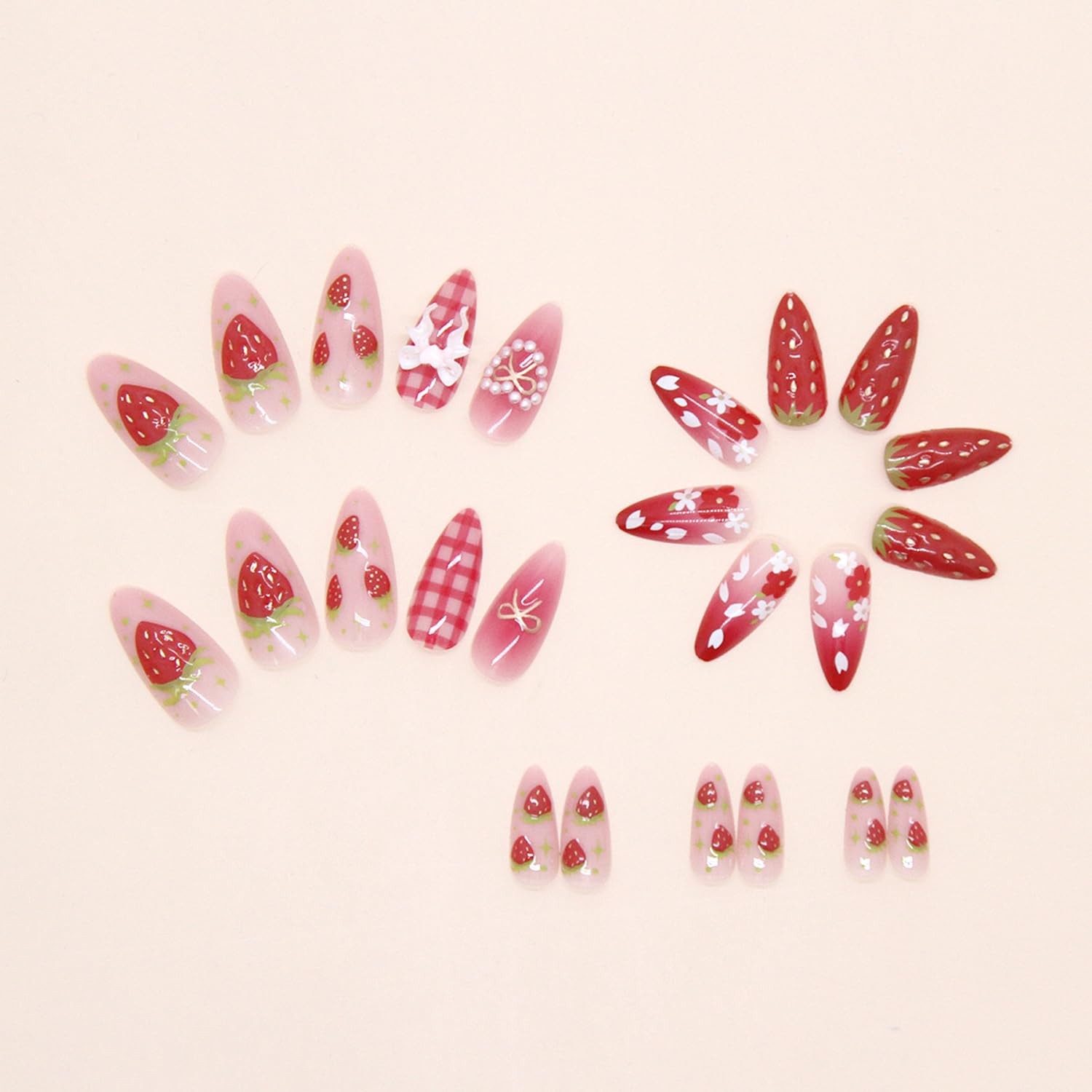 24Pcs Strawberry Flower Press on Nails Almond, Moderate Thickness, Colorful