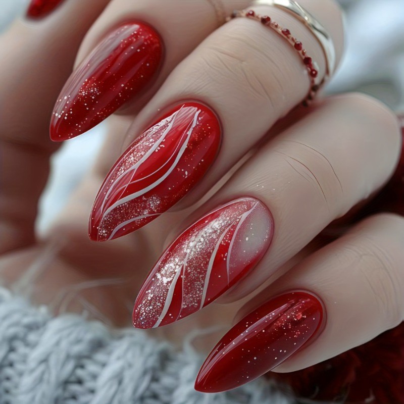 48PCS Oval Shaped Red and White Flashing Stripe Nail Press, Reusable Fake Nails