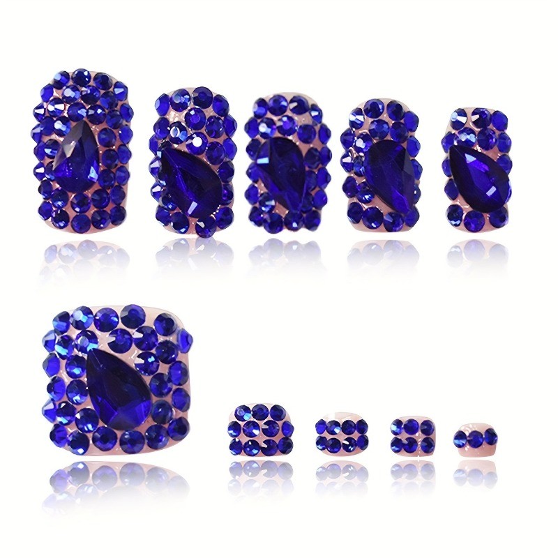 48Pcs-Blue Sapphire Rhinestone Press on Nails Glossy Short Square Nail Art Set