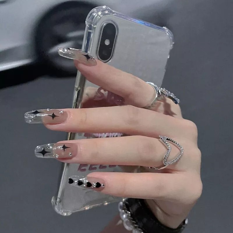 24 Jelly bling Press on nails with glue black stars Coffin ombre clear
