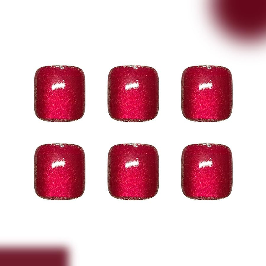 Wine Red Press on Toenails Short Square Fake Toe Nails Red Cat Eye Style 3