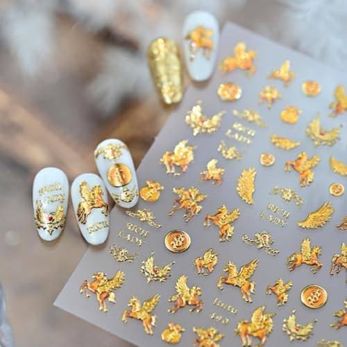 Gold Nail Stickers 5D Embossed Horse Animal Prints Nail Decals Soaring Color 7