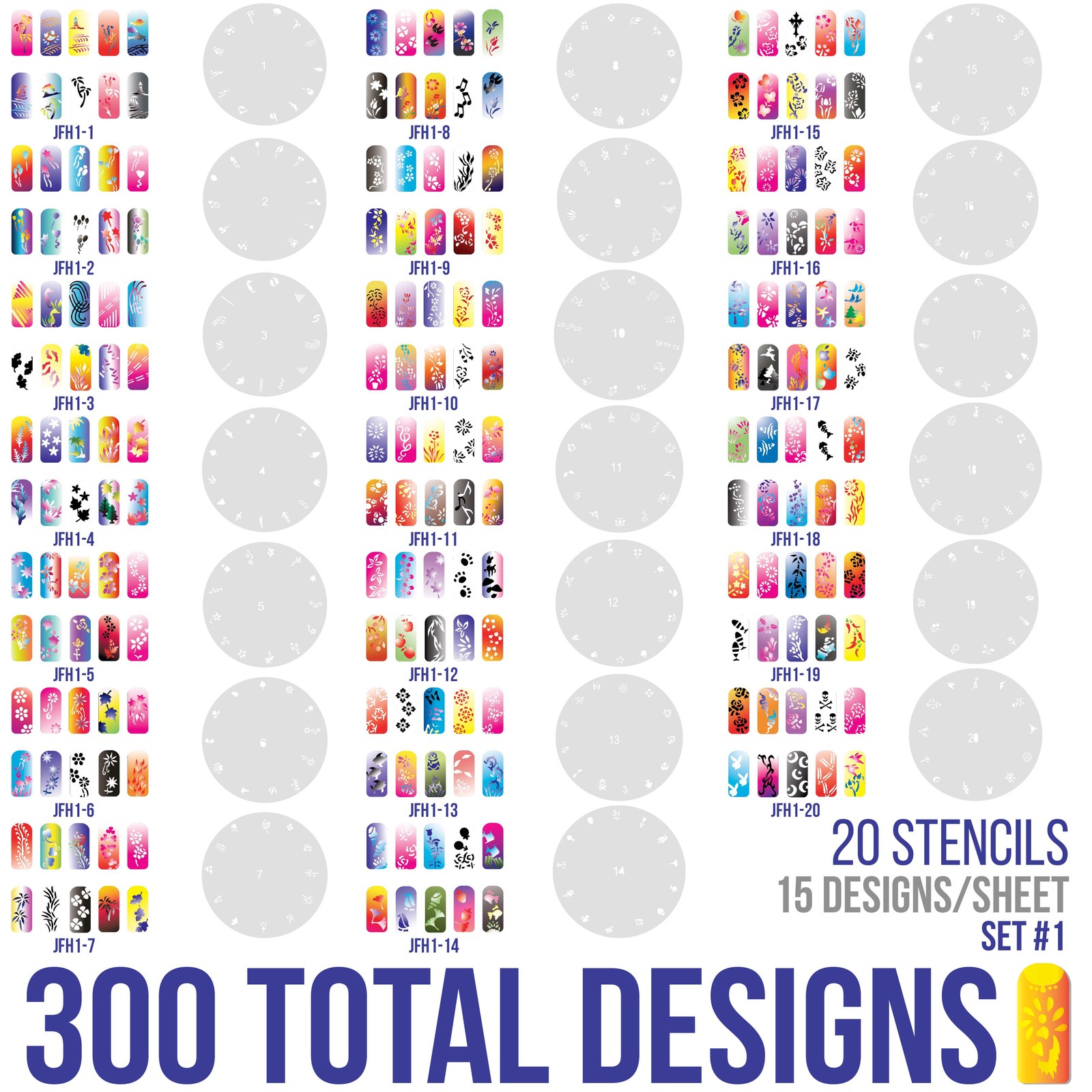 260 Airbrush Nail Art STENCIL DESIGNS Set 1 – 20 Template Sheets Kit Brush Paint