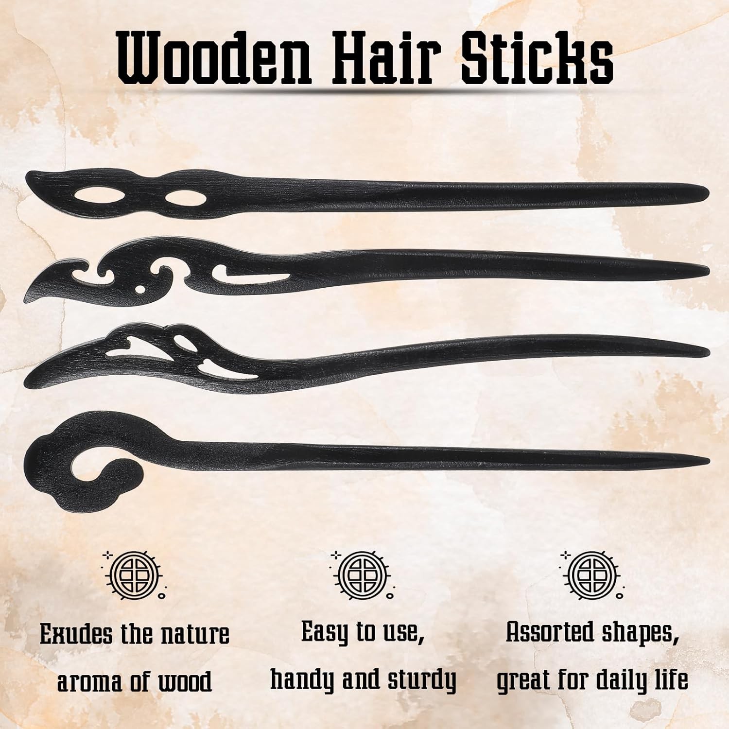 8Pcs Wooden Hair Sticks for Women, Vintage Chinese Chignon Japanese Black