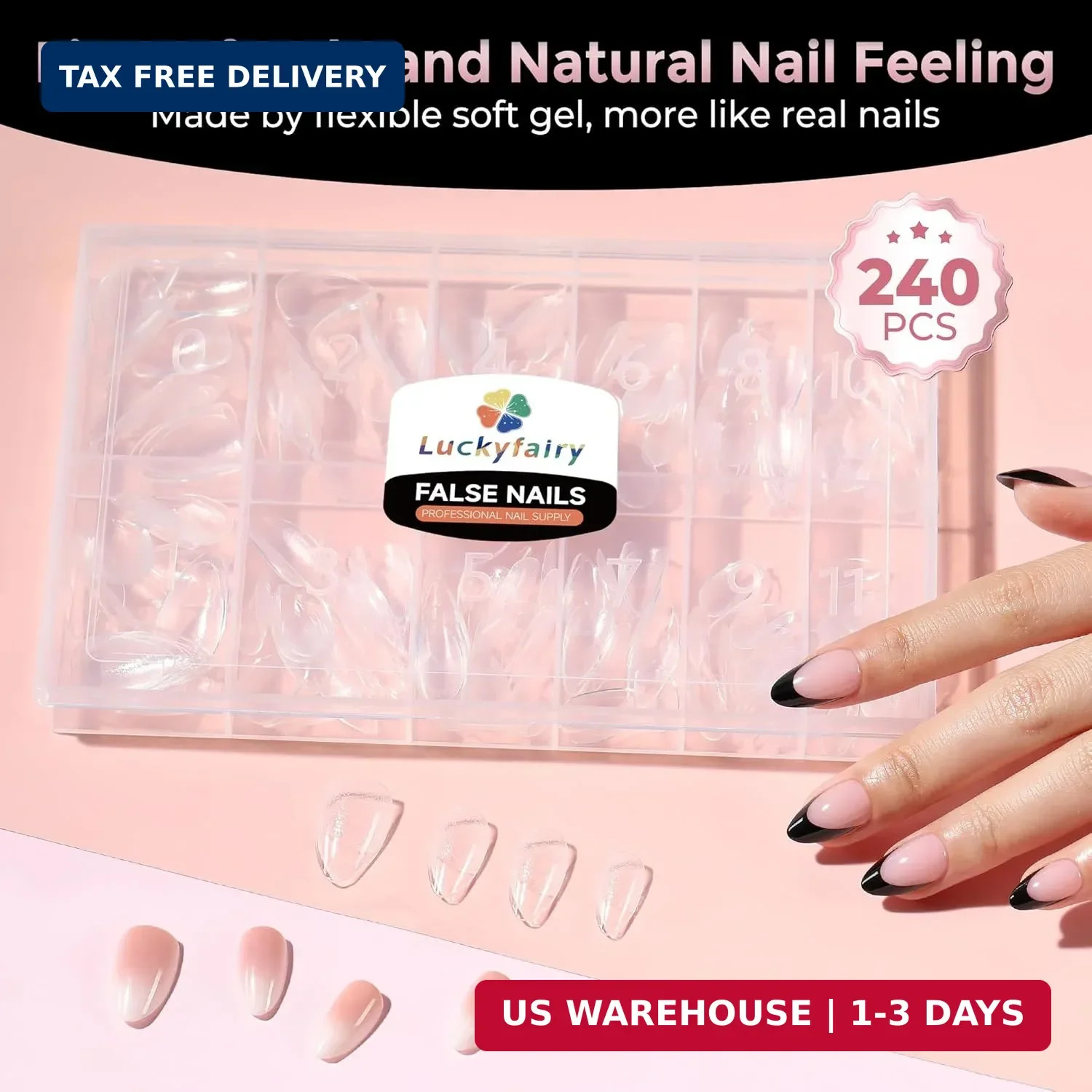 Short Almond Nail Tips, 240pcs Soft Nail Gel Tips Pre-Shaped Acrylic Fake Nails,