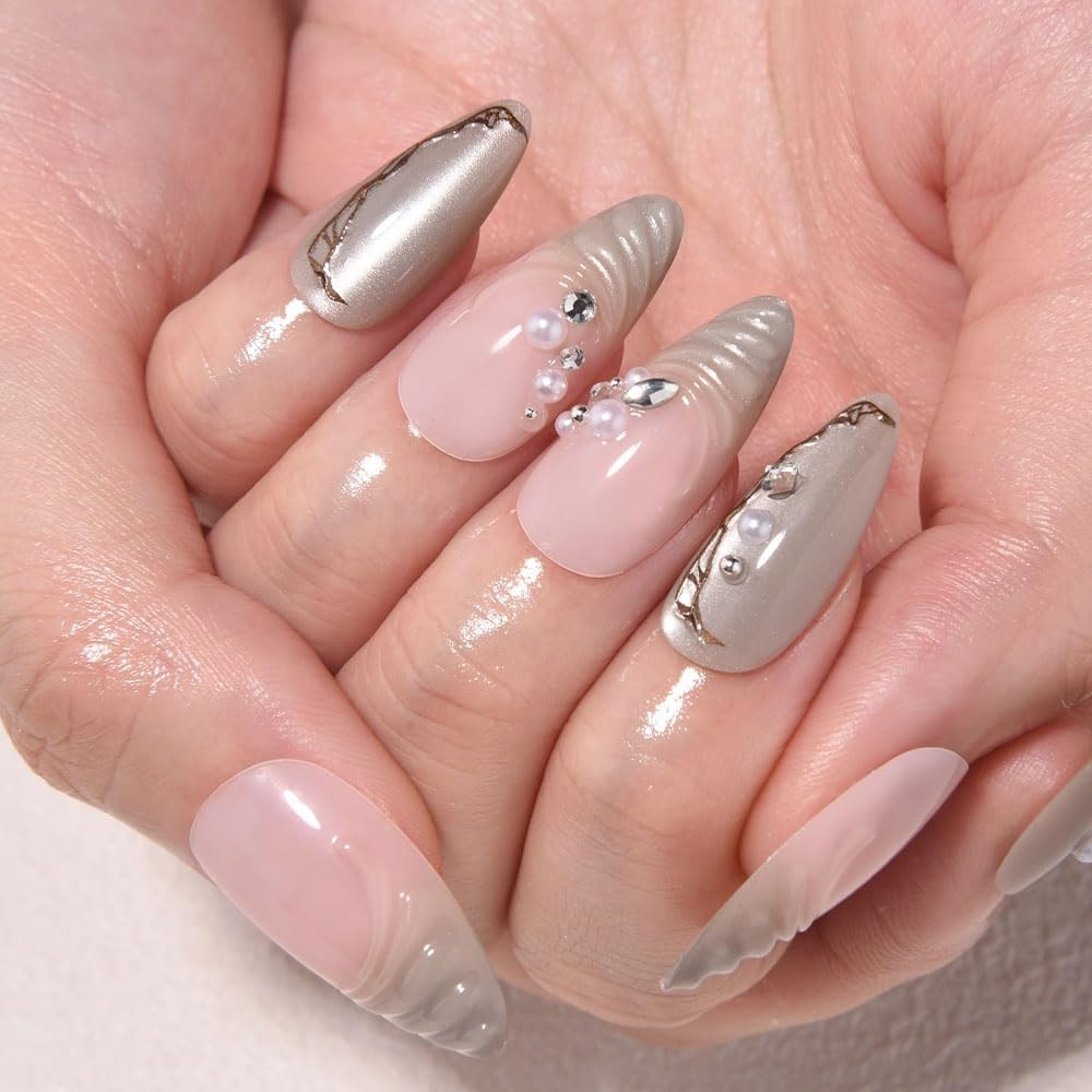 evpct Nude Pink Short Almond 3D Wave Pearl Press on Nails