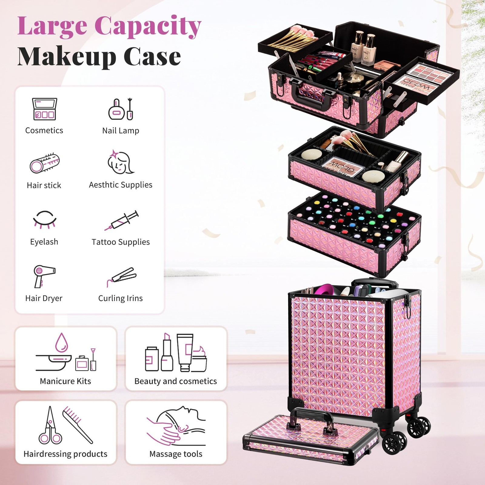 AROUS 5 in 1 Rolling Makeup Train Case Cosmetology Case on Wheels Large Cosme…