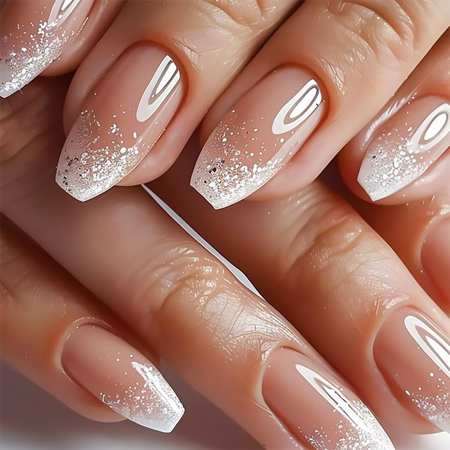 Silver Glitter French Tip Press on Nails Medium Coffin Fake Nails Gradient