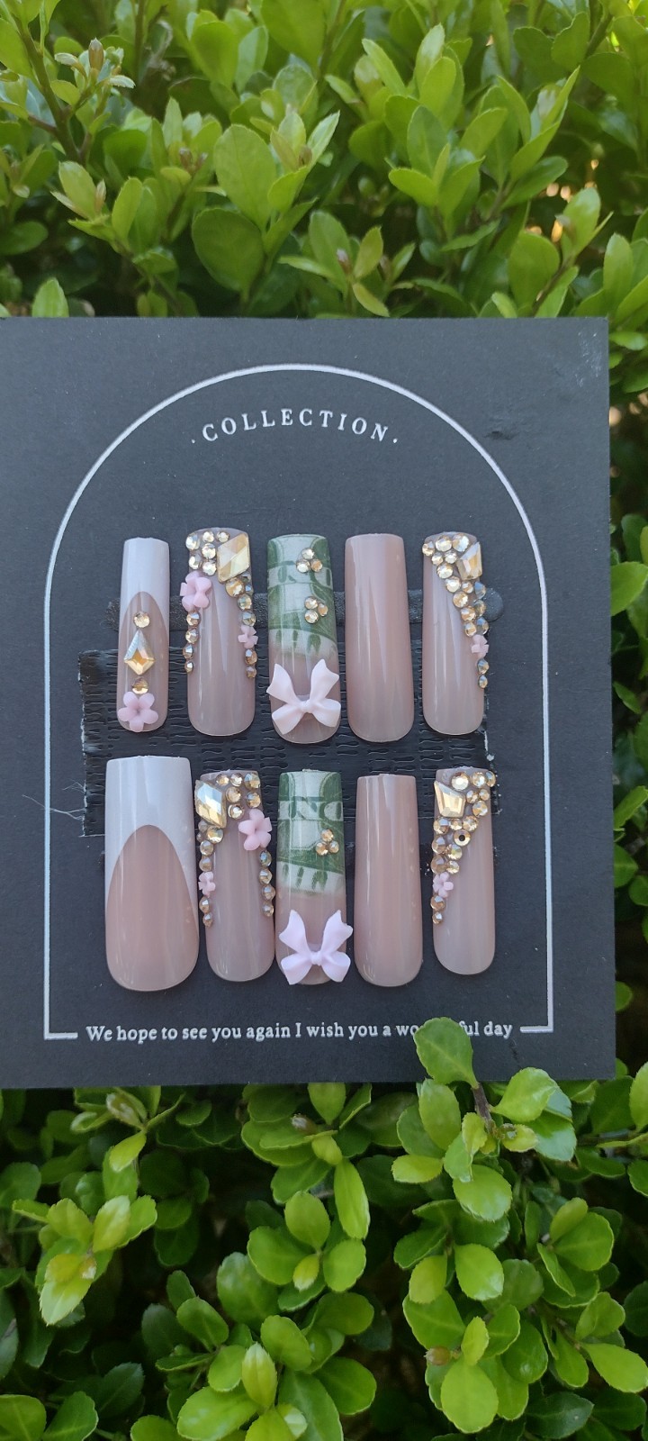 Money Bling & Bows Press On Nails Glue Included