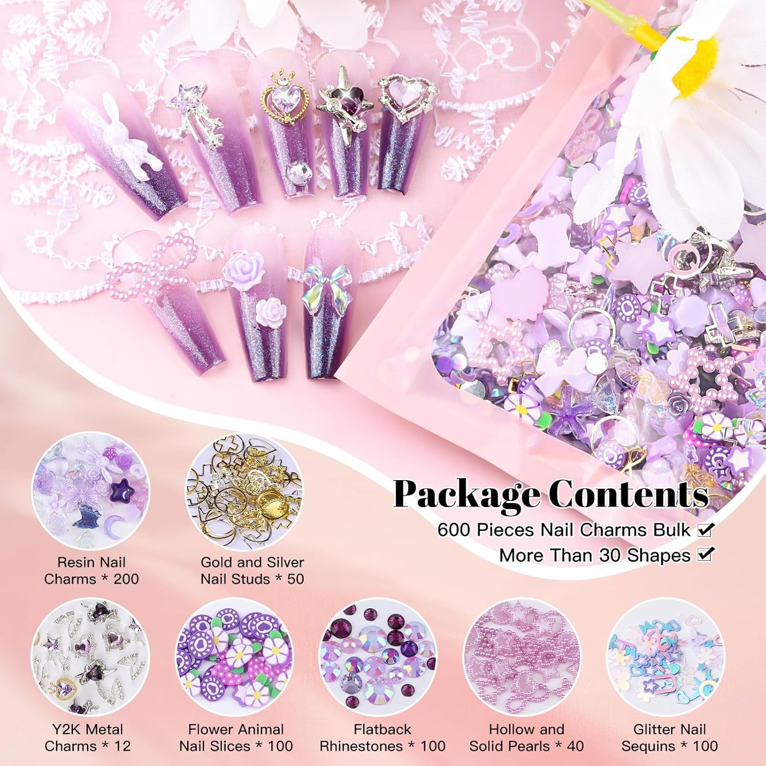 Multi Shapes Acrylic Nail Charms for 3D Nail Art, Purple Heart Flower Bow Star B