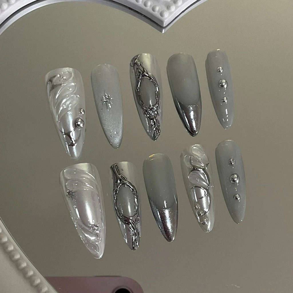 Gel nails, pre-made false nails, handmade, durable, Pearl white. 1 set