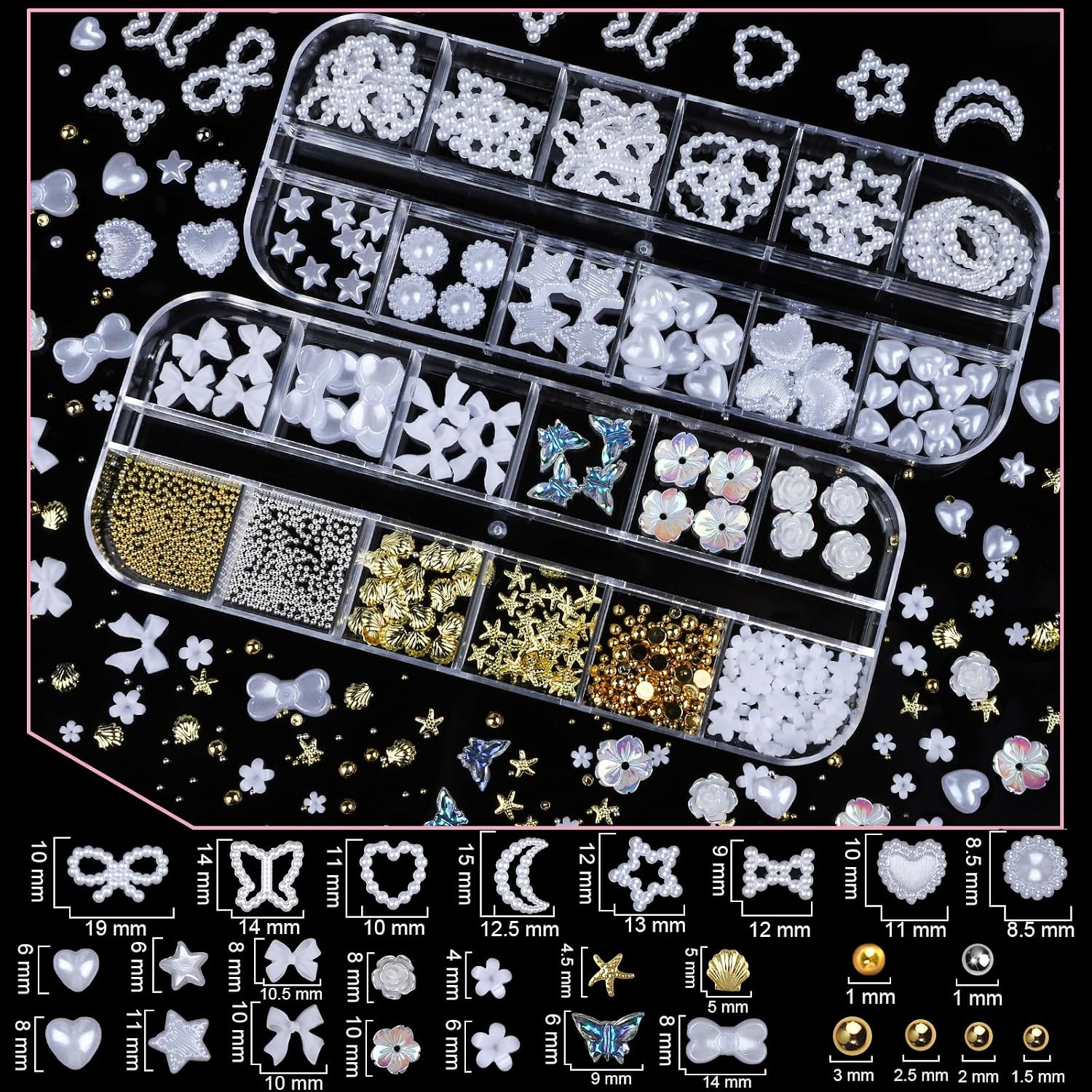 3D Nail Charms Nail Gems Set, 4 Boxes Nail Art Rhinestones Nail Stuff, Silver Rh