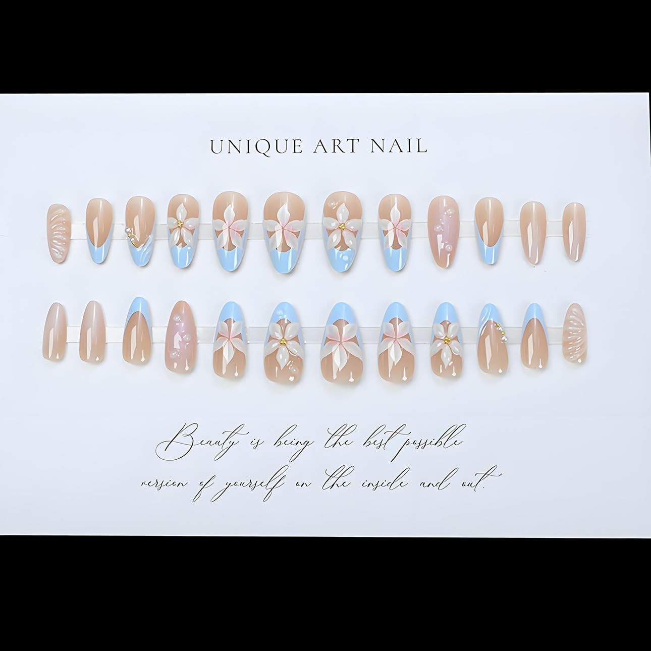 Almond Flower Pearl Press on Nails – Medium 3D Fake Nails with French Tip Des…
