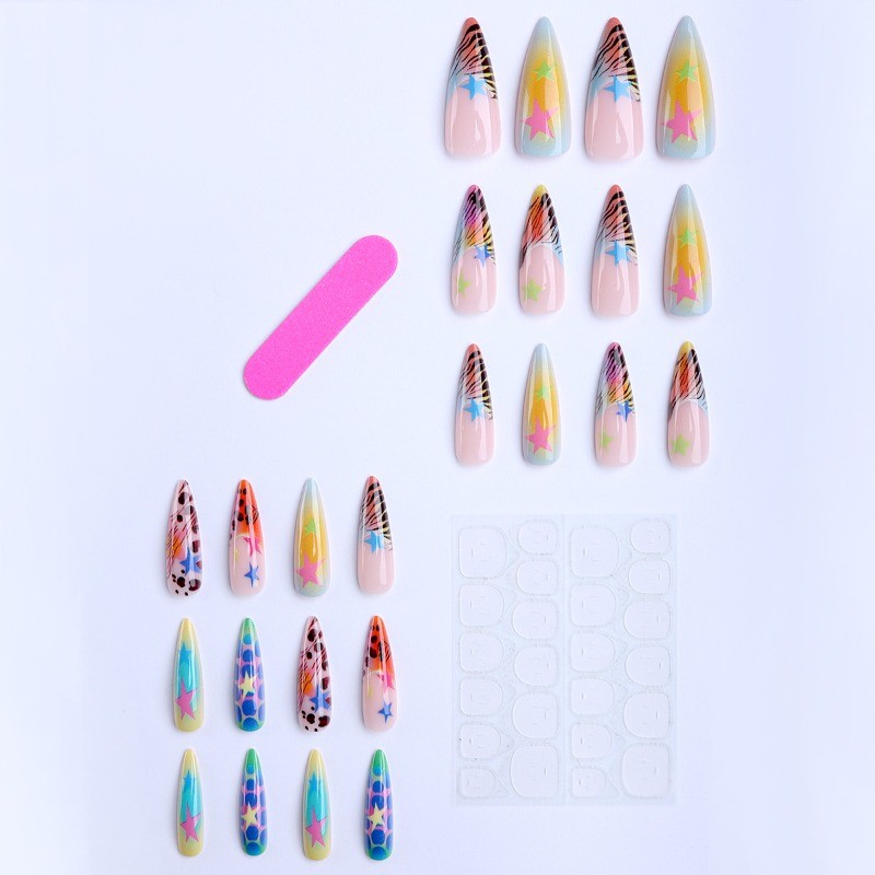48pcs-Playful Summer Press on Nails, Medium Almond Tie-Dye & Star Acrylic Nails