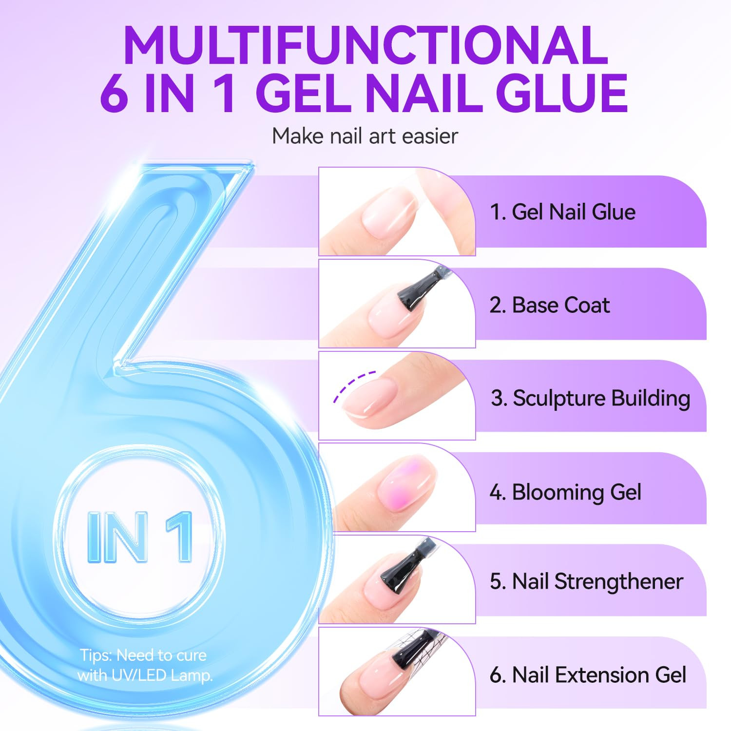 Nail Tips Gel Nail Glue: Geliek EC 2PCS 6 in 1 Adhesive Gel Nail Polish for Salo