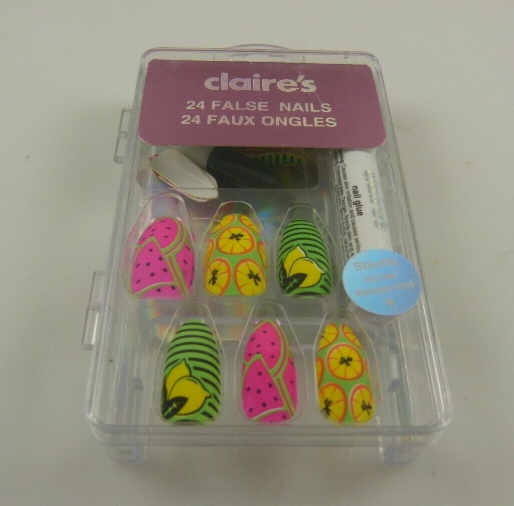 Claire’s faux finger nails neon colors with glue wild prints yellow pink green