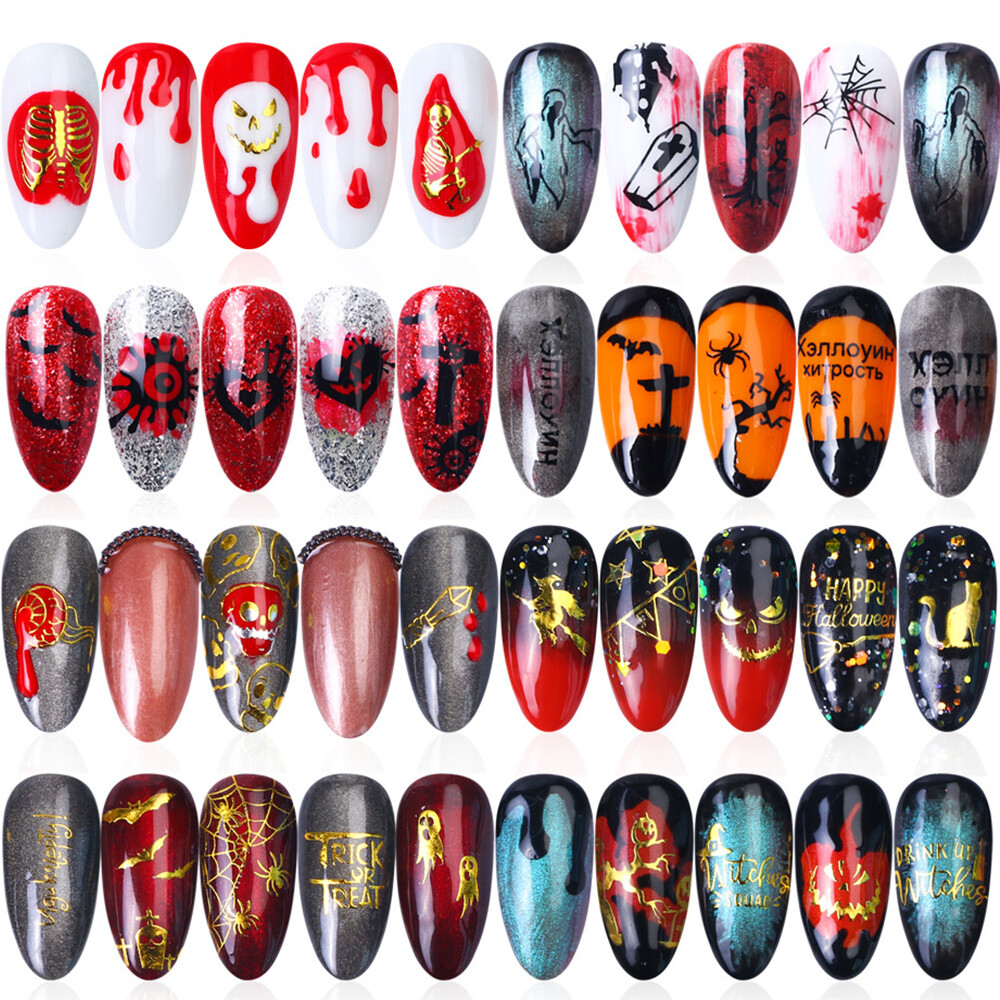 Gold Black Halloween Bat Witch Pumpkin Skull Nail Sticker Art Decal Waterproof