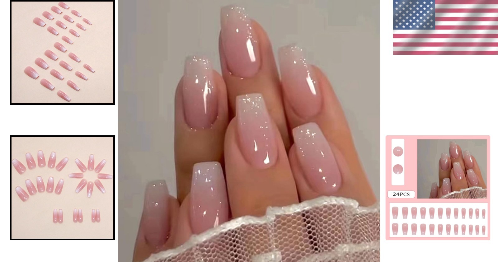30 Pcs Ombre Pink-White Coffin Press-On Nails with Glitter – Glam Up Instantly