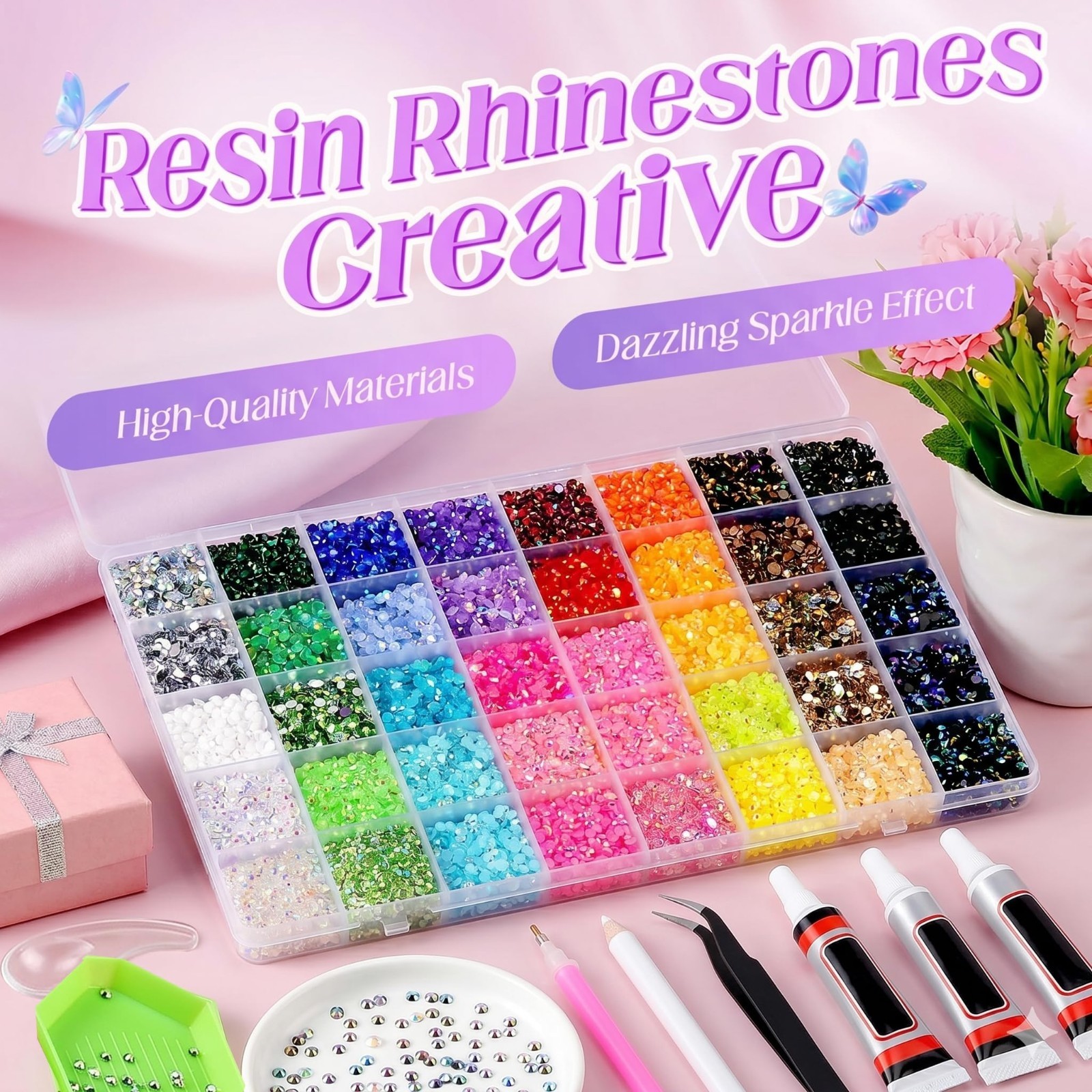 33000 Pcs Rhinestone Bedazzling Kit – 40 Colors 3mm Flatback Gems, Glue, Tweezer