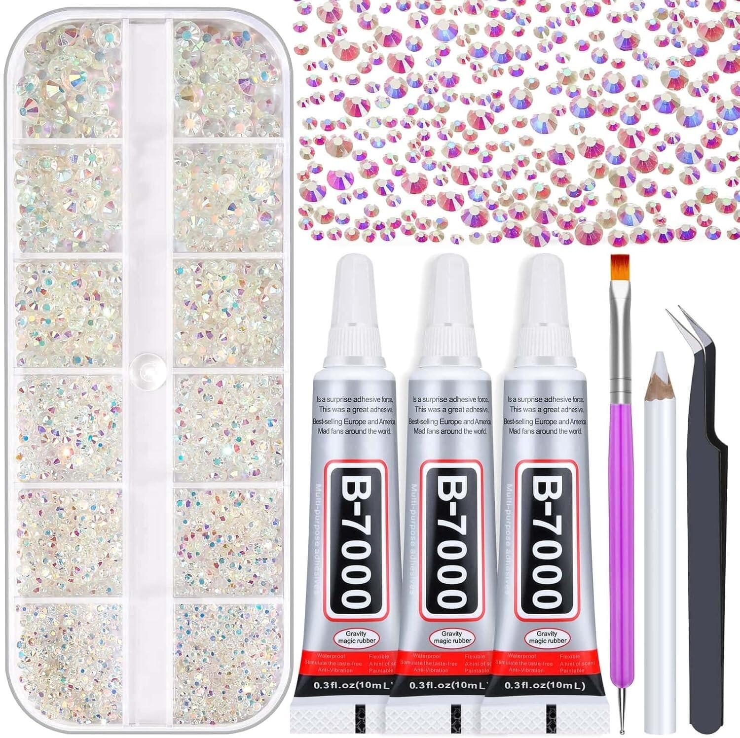 2100Pcs Clear AB Rhinestone with Tweezer Clear Glue Tool Kit For Making DIY