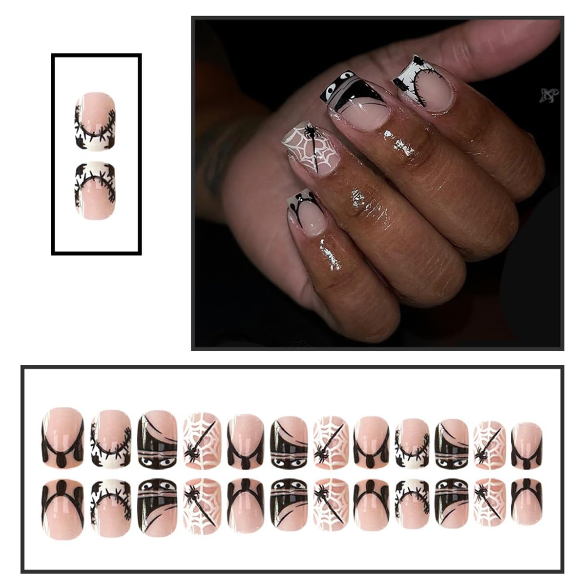 24Pcs Halloween Press on Nails Short Square Black Eye French Fake Nails Cute …