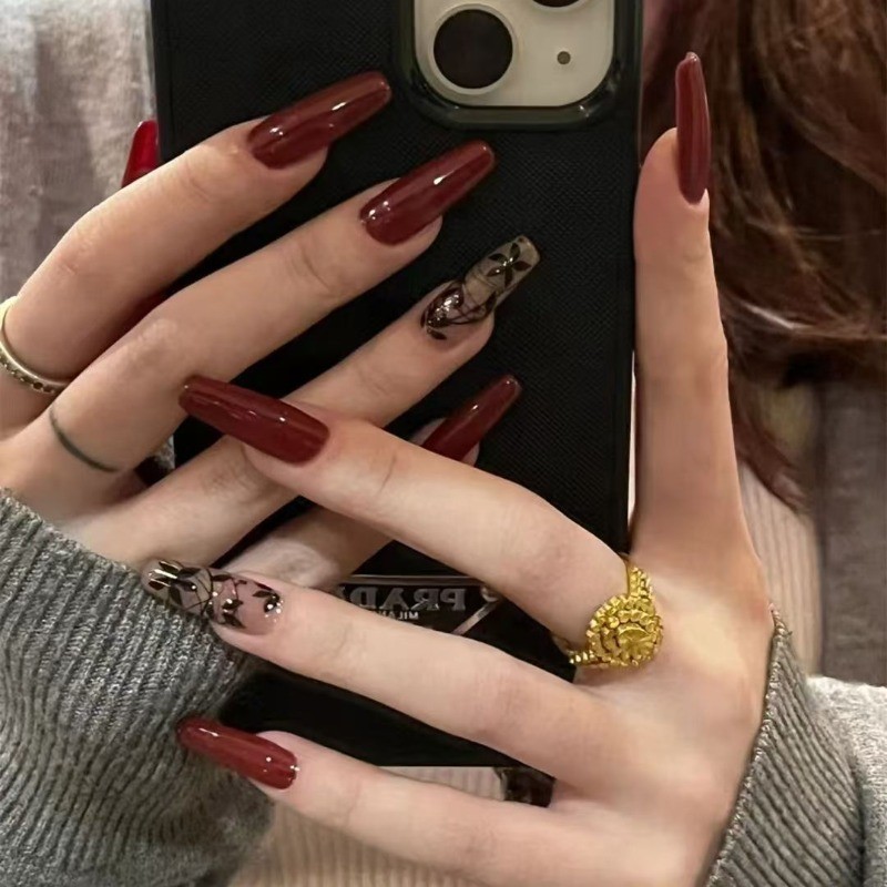 48pcs-Long Coffin Press on Nails, Glossy Burgundy Red with Black Floral Accents