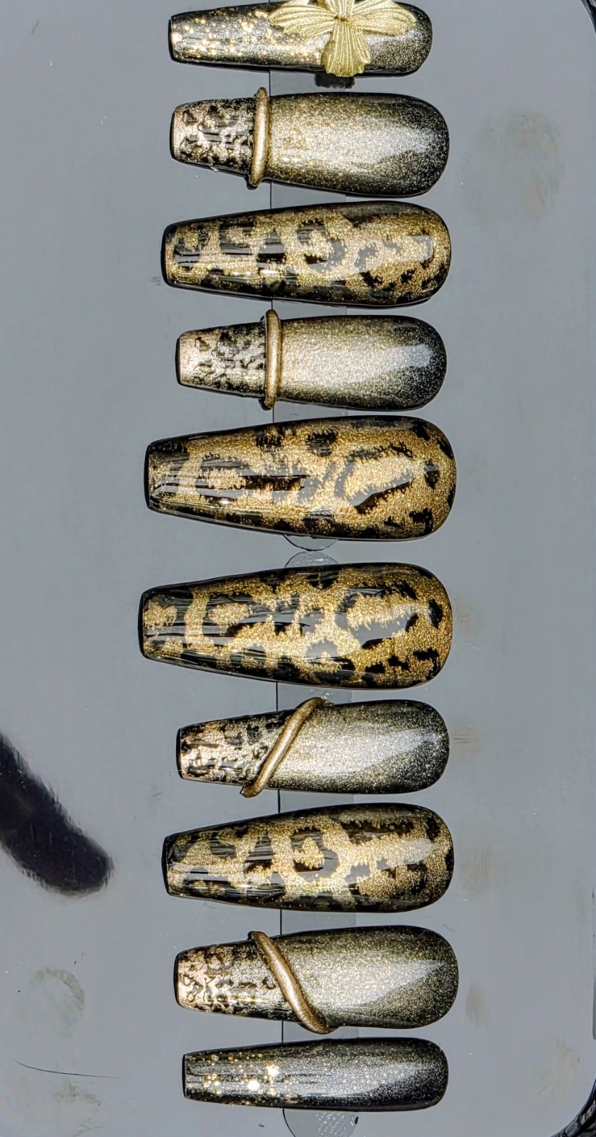 Gold Black Glitter Leopard Coffin Press-On Nails Pre-Designed Full Cover