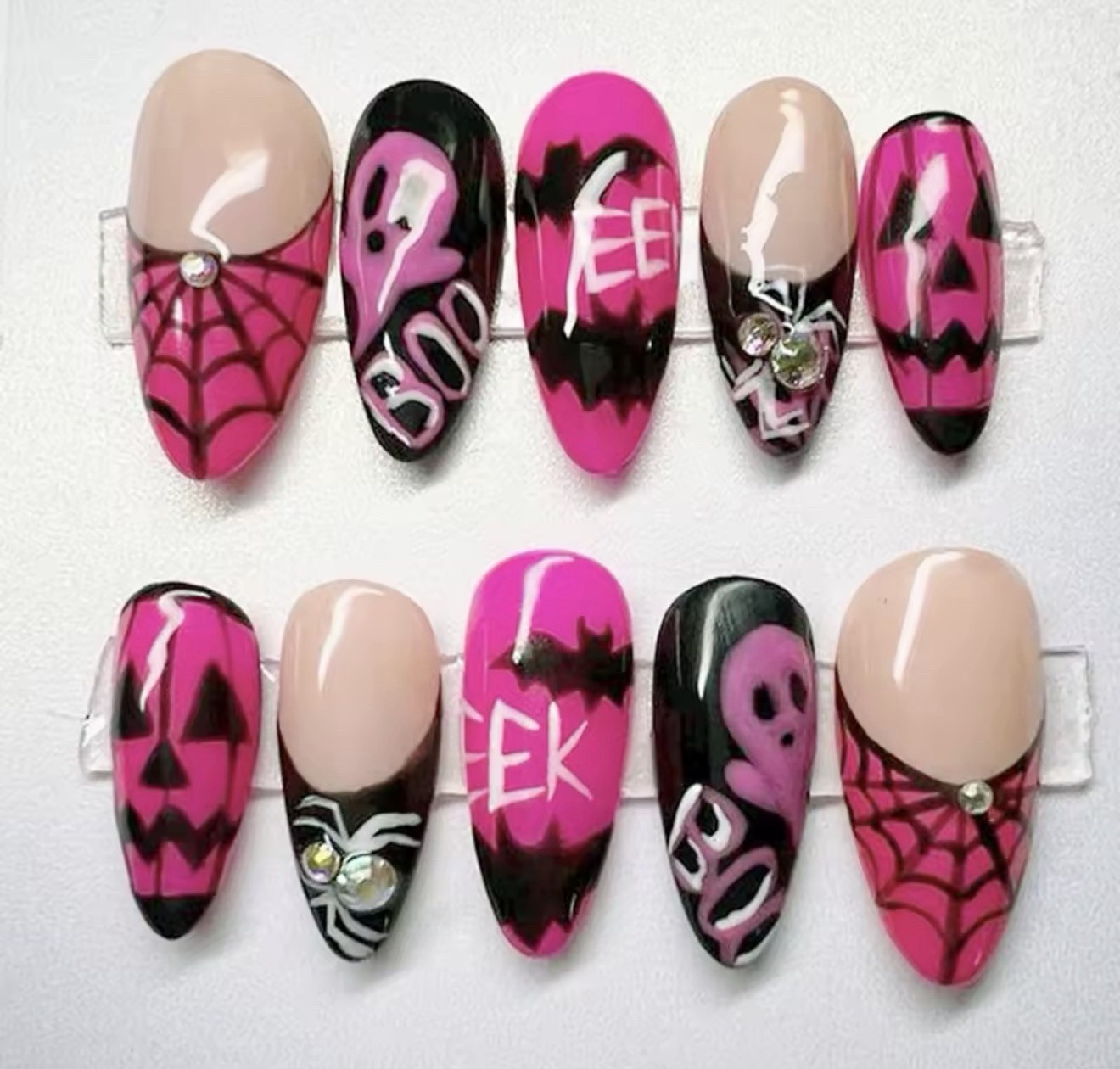 Pink Black Halloween Coffin Press-On Nails Long Glitter Pre-Designed